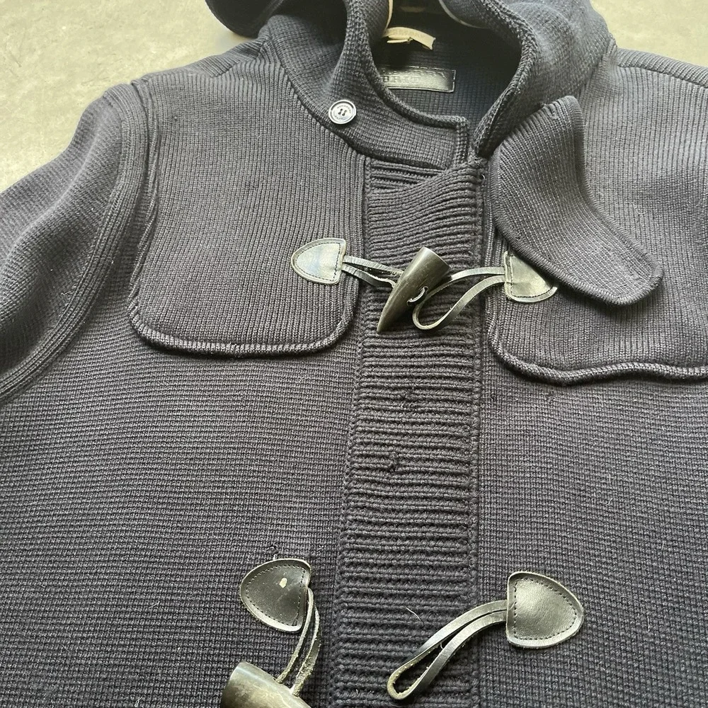 Burberry Brit Merino Wool Knit Duffle Coat Navy Hooded Toggle Nova Check XL - Picture 8 of 10